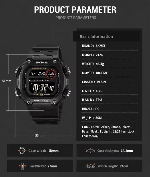 SKMEI digital watch with product parameters on a black background