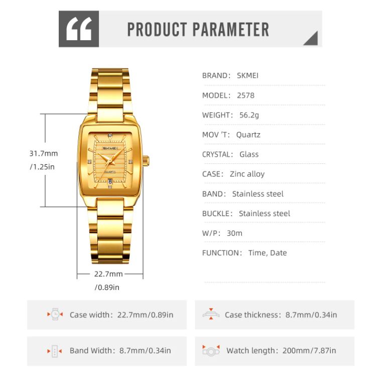 SKMEI 2578 Women’s Quartz Watch Golden– Elegant Fashion Waterproof Wristwatch