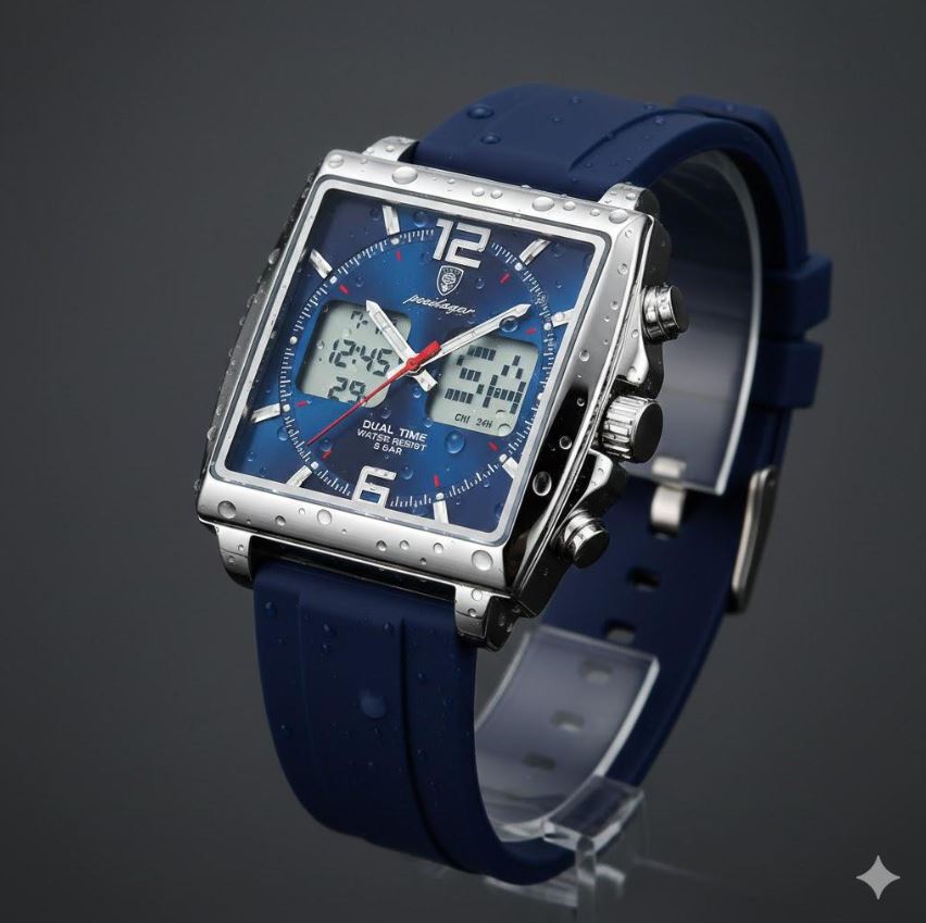 Blue watch with digital and analog display on a gray background