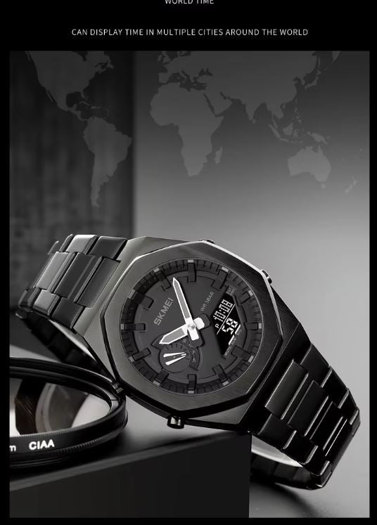 Black wristwatch with digital display on a world map background
