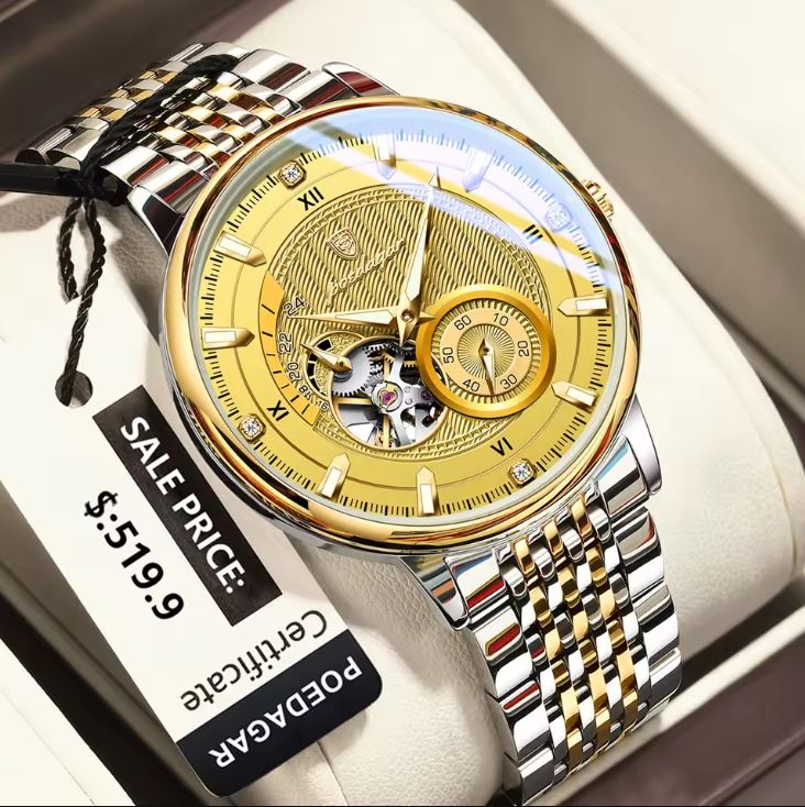 Luxury watch with gold and silver design on a white surface, featuring a sale price tag.
