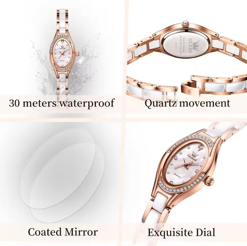Rose gold watch with features highlighted on a white background