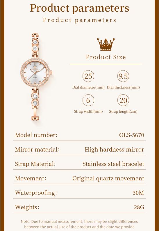 Product parameters of a watch with rose gold case and stainless steel bracelet on a brown background.