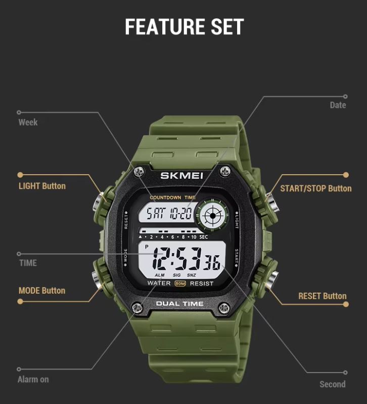 Green digital watch with feature labels on a black background