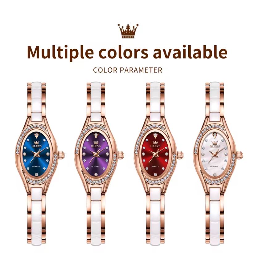 Four watches with different colored faces on a white background, featuring the brand 'Olevs'.