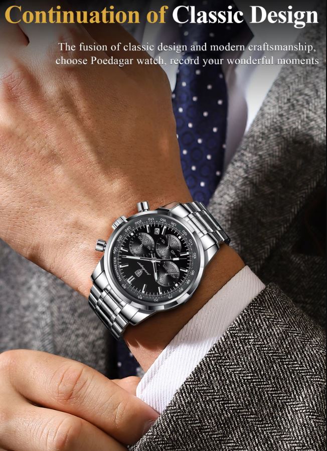 Silver watch on a person's wrist with text about classic design and modern craftsmanship.