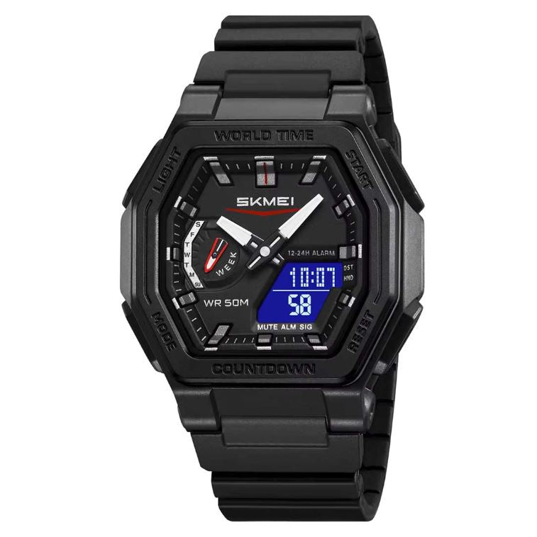 Black digital watch with multiple time zones on a white background