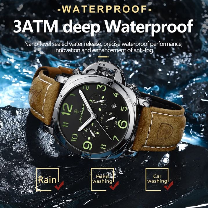 Watch with brown leather strap and black dial on a water-themed background