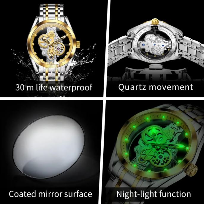 OLEVS 3725 Men’s Luxury Skeleton Quartz Watch – Stainless Steel Bracelet