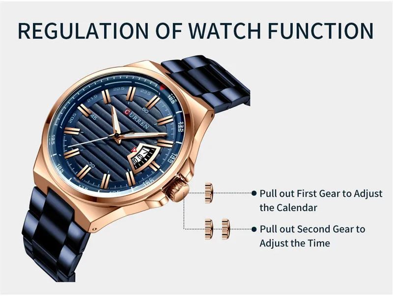 Wristwatch with blue strap and rose gold case, showing how to adjust time and calendar.