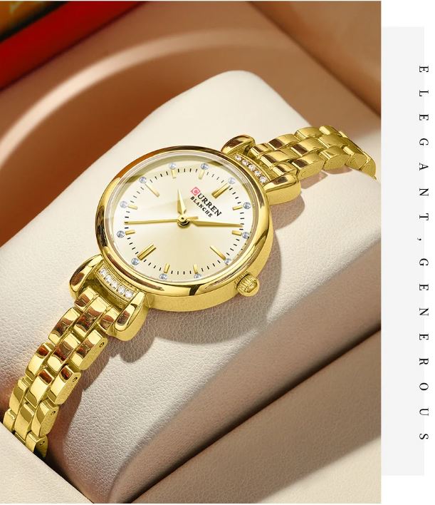 Gold wristwatch on a beige cushion with 'Elegant, Generous' text on a beige background
