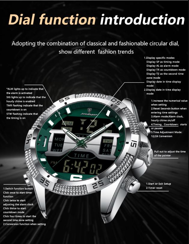 Wristwatch with green dial and digital display on a dark background, featuring text on dial functions.