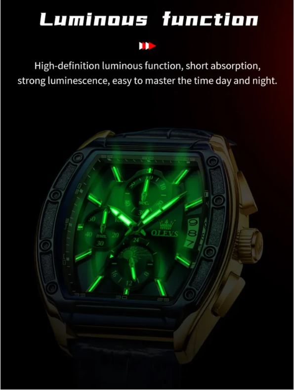 Watch with green glowing face on a dark background, highlighting luminous function.