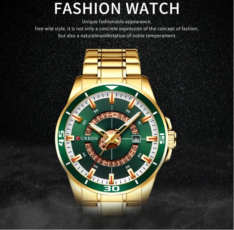 Gold and green fashion watch with brand name on a dark background