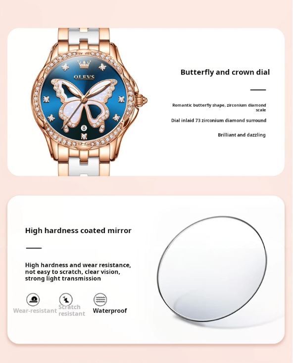 Luxury watch with butterfly design on a light pink background