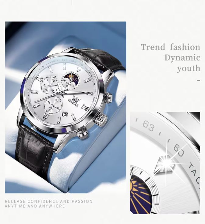 Luxury watch with black leather strap and white face on a blue gradient background