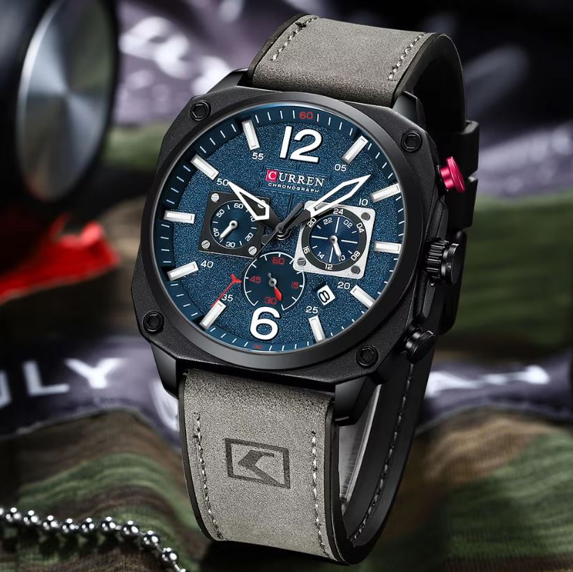 CURREN 8398 Chronograph Men’s Watch – Blue Dial Grey Leather Strap