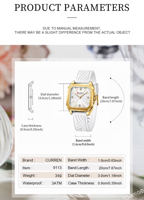 Product parameters of a watch with dimensions and features displayed.
