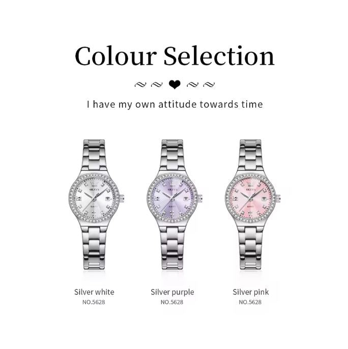 Three silver watches in different colors on a white background with text about attitude towards time.