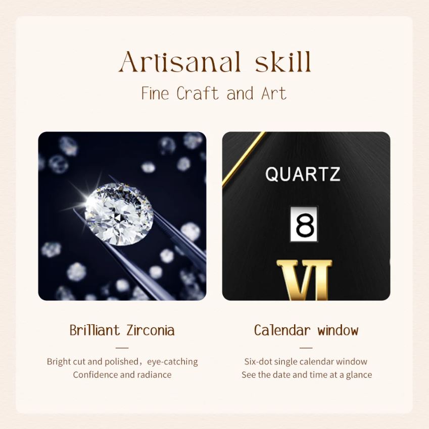 Advertisement for a watch with zirconia gemstone and calendar window feature on a beige background.