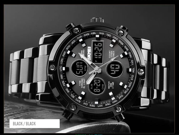 Black and silver watch with digital and analog display on a dark background