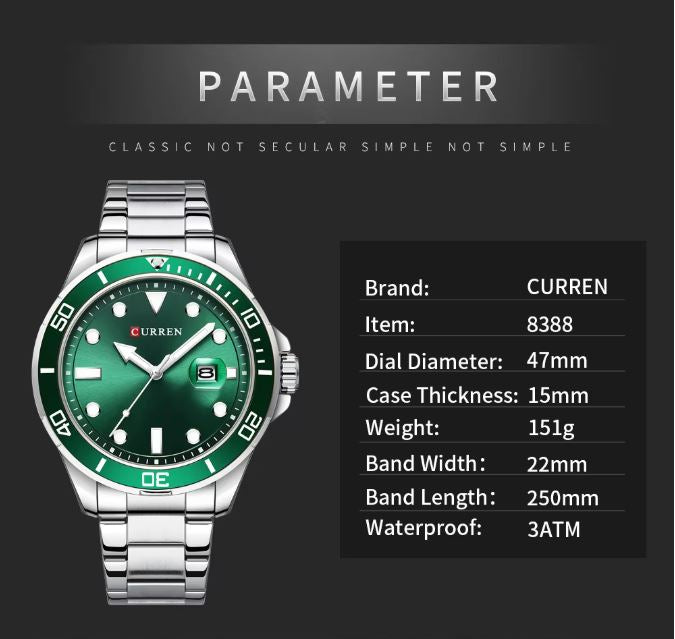 Curren watch with green dial and silver case on a dark background