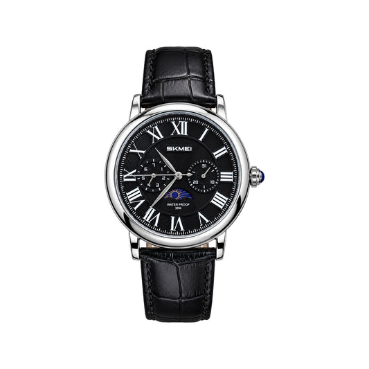 SKMEI 9438 Vintage Men's Quartz Watch Black Silver– Moon Phase, Day & Date, Leather Strap