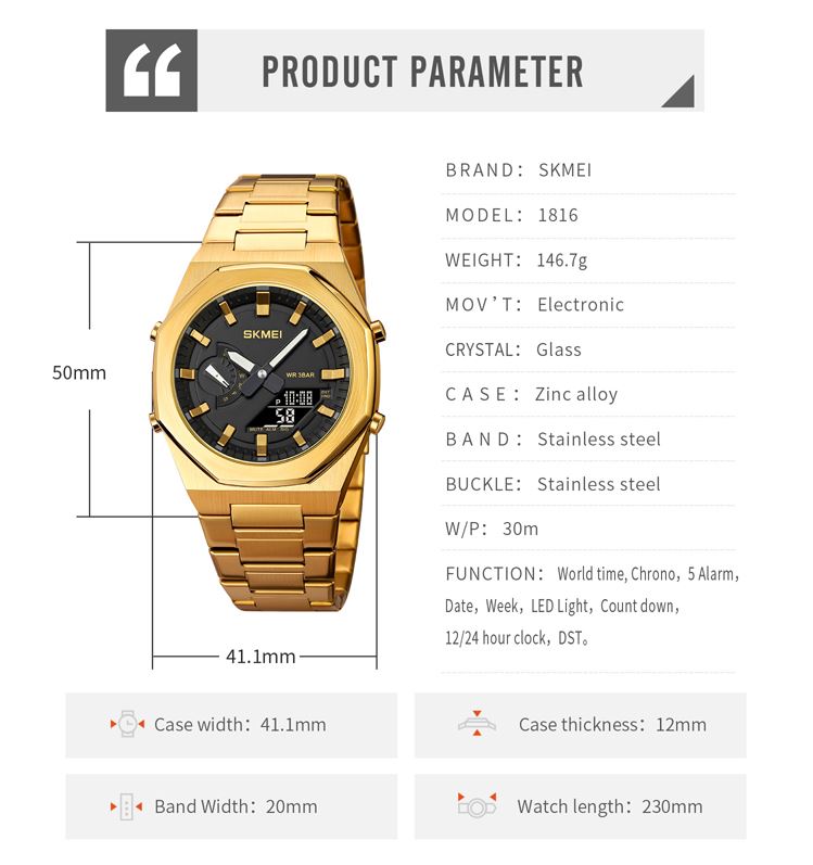 Gold wristwatch with product parameters displayed on a white background