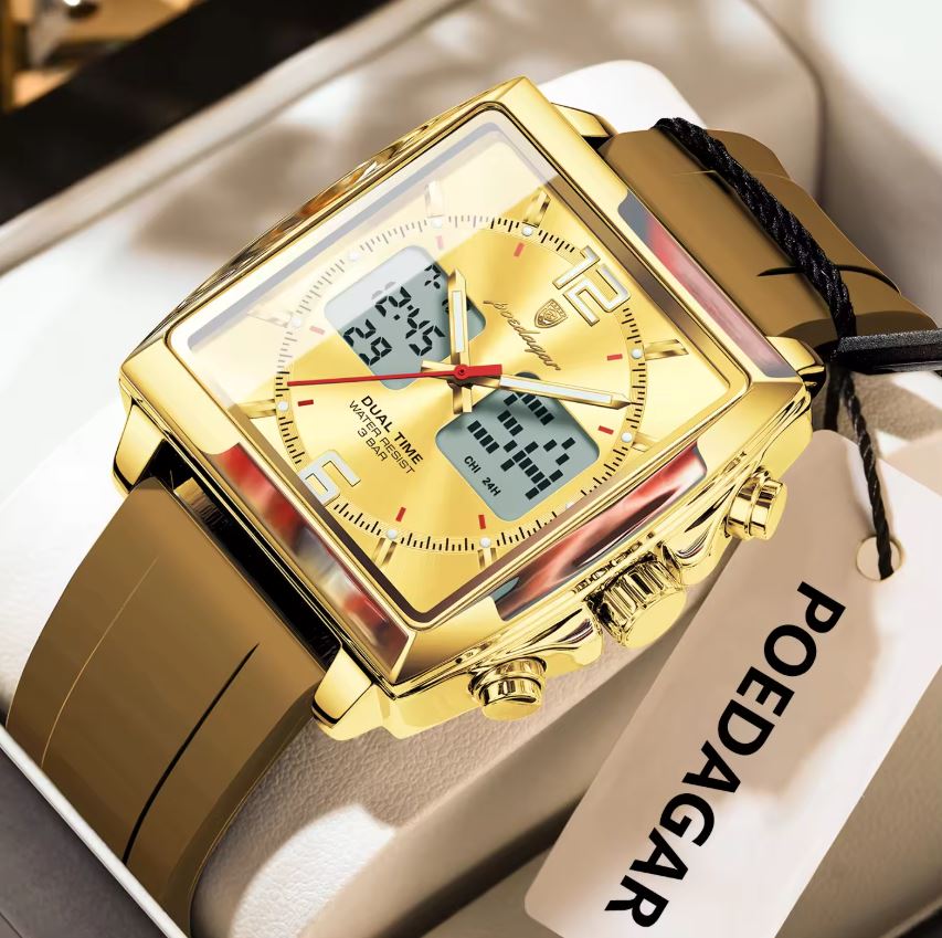 Gold digital watch with a brand tag on a light background