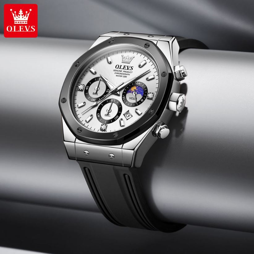 OLEVS 9911 Men’s Sport Quartz Chronograph Watch – White Dial & Black Silicone Strap