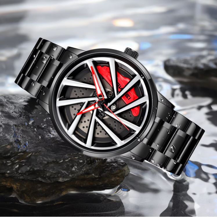 Wristwatch with black metal strap and red accents on a reflective surface