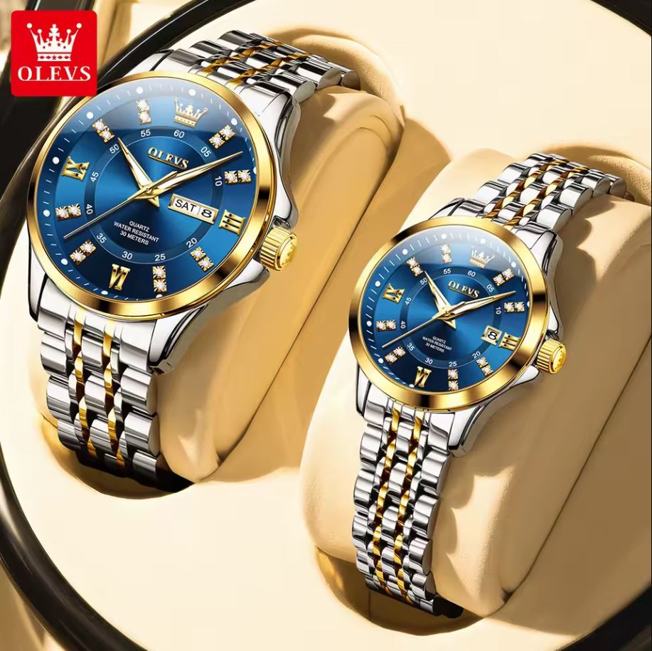 OLEVS 3620 Luxury Couple Quartz Watch Two Tone Blue– Stainless Steel Matching Wristwatch Set