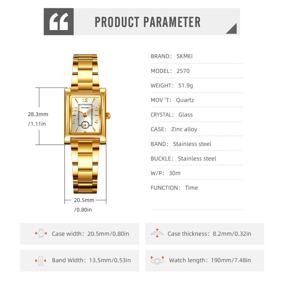 SKMEI 2570 Women’s Vintage Square Dial Quartz Watch Golden – Elegant Fashion Wristwatch