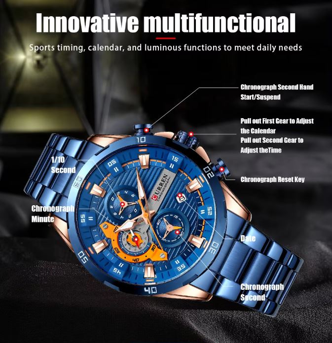 Blue multifunctional watch with detailed features on a black background