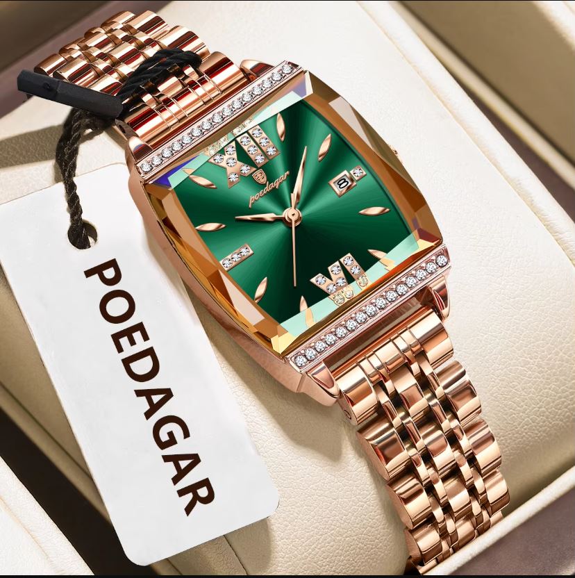 Rose gold watch with green face and diamond accents on a white box, featuring the brand 'POEDAGAR'.