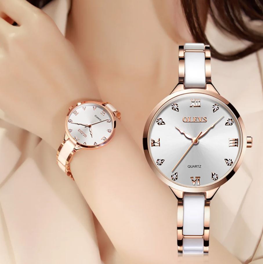 OLEVS 5872 Women's White Luxury Waterproof Ceramic Quartz Watch