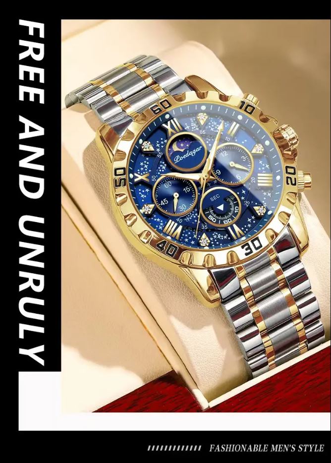 Luxury watch with blue face and gold accents in a box, brand 'Free and Unruly' visible.