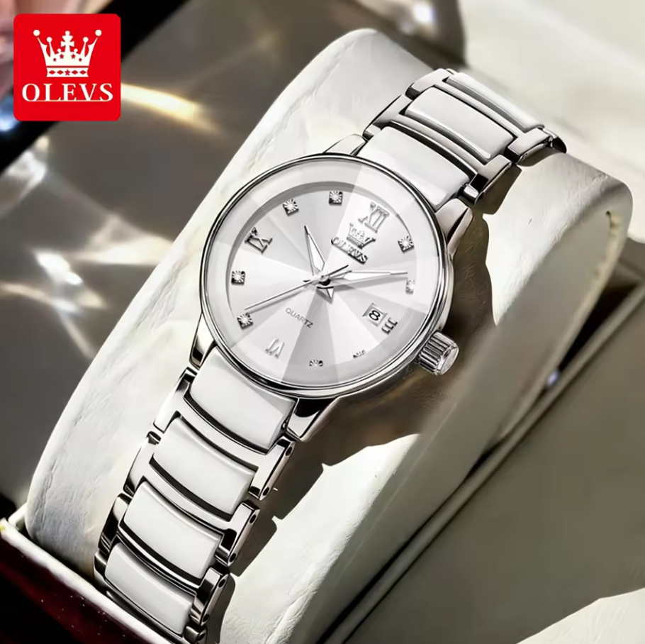 OLEVS 7114 Women’s Ceramic Quartz Watch – Silver & White