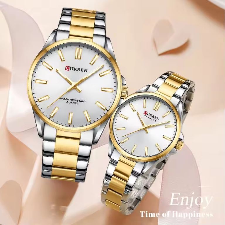 Two Curren watches, one gold and silver, the other gold, on a soft pink background with 'Enjoy Time of Happiness' text.