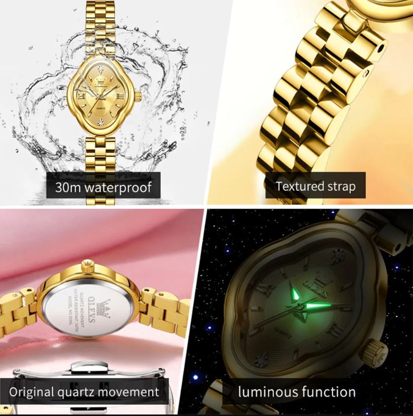 Gold watch with features highlighted on a white background