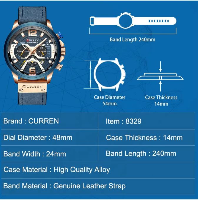 Curren watch with specifications on a blue background