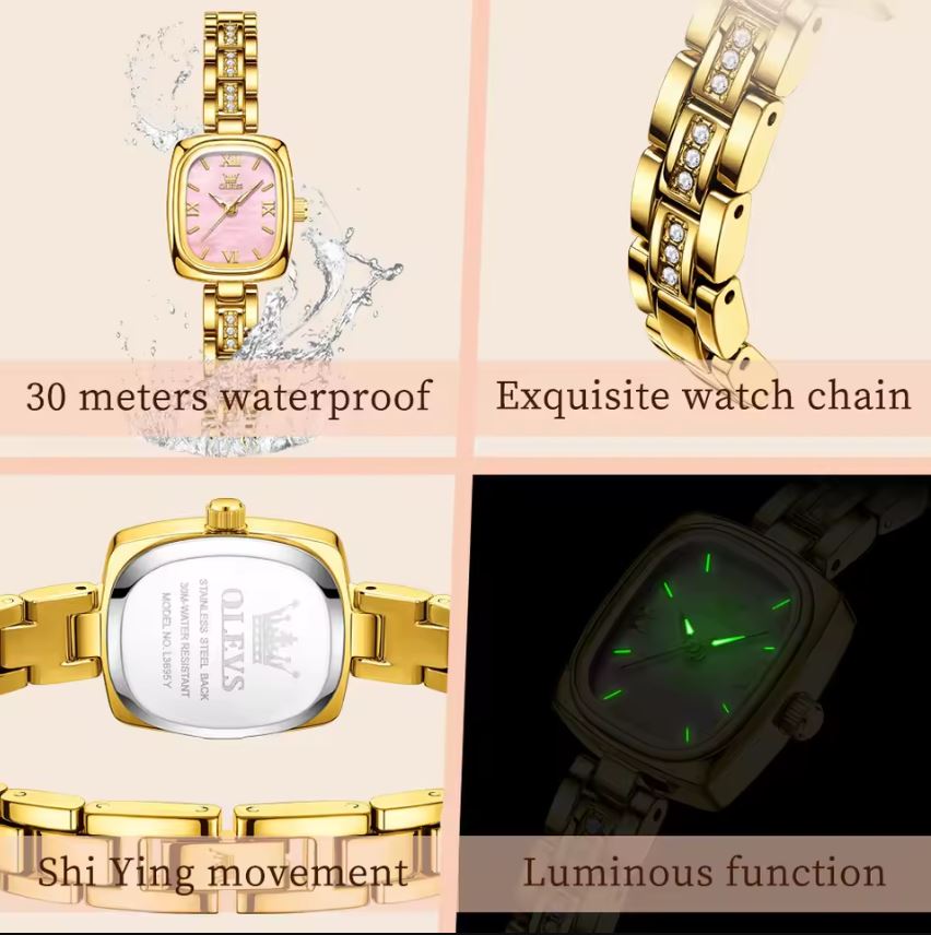 Gold wristwatch with features highlighted on a beige background