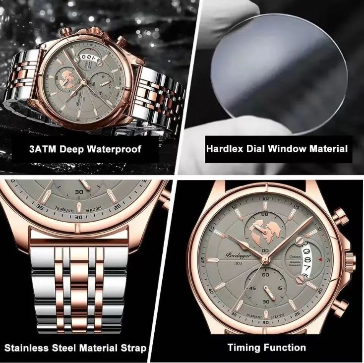 Collage of a watch with features highlighted, including waterproof rating, dial material, strap material, and timing function.