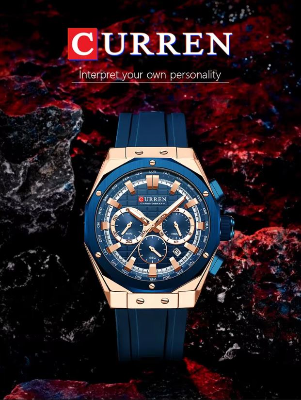Blue Curren watch on a dark background with fiery design