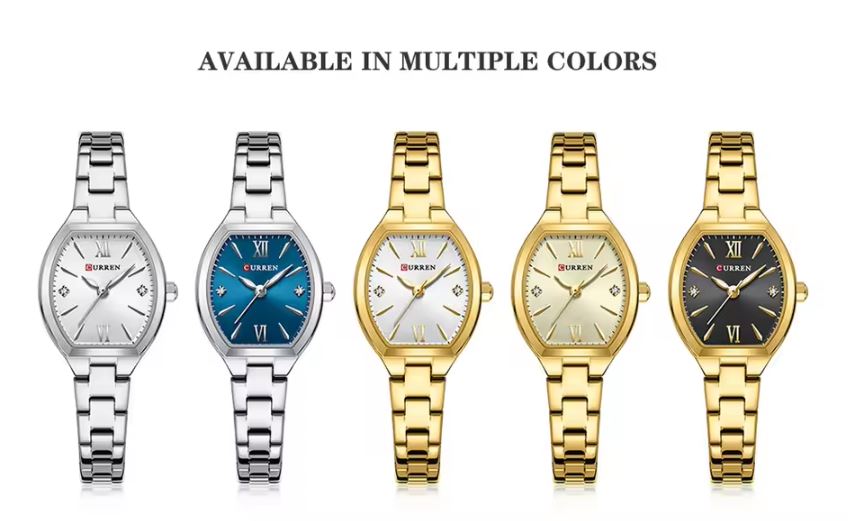 Five watches in silver, blue, gold, and black on a white background with text 'Available in multiple colors'.