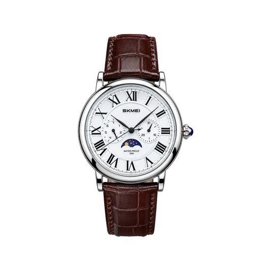 SKMEI 9438 Vintage Men's Quartz Watch Brown Silver– Moon Phase, Day & Date, Leather Strap