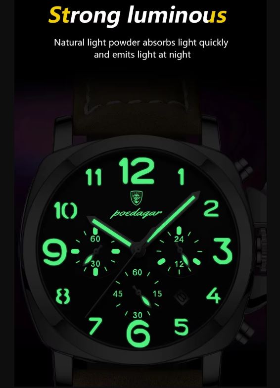 Watch with glowing green numbers on a dark background