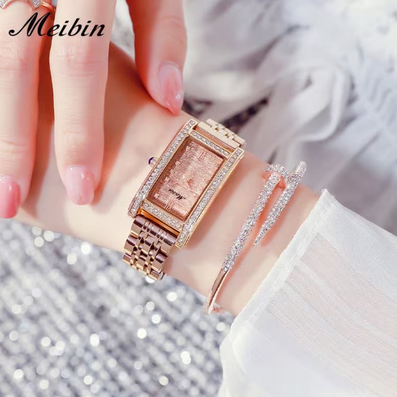 MEIBIN 1601 Women's Elegant Square Quartz Watch | Minimalist Alloy Case Fashion Wristwatch