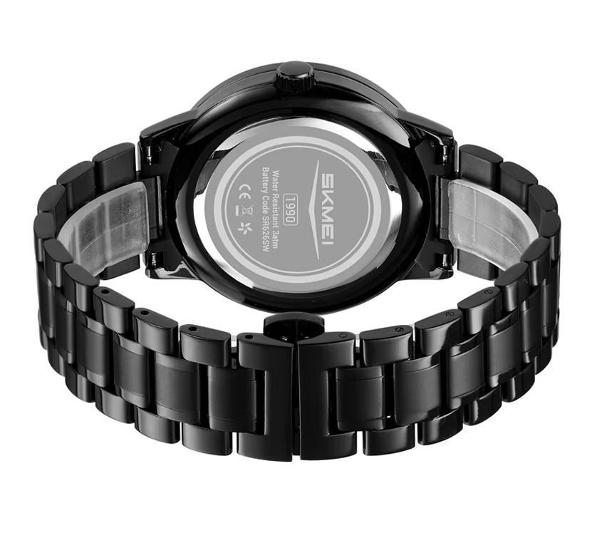 Black wristwatch with visible brand name on a white background