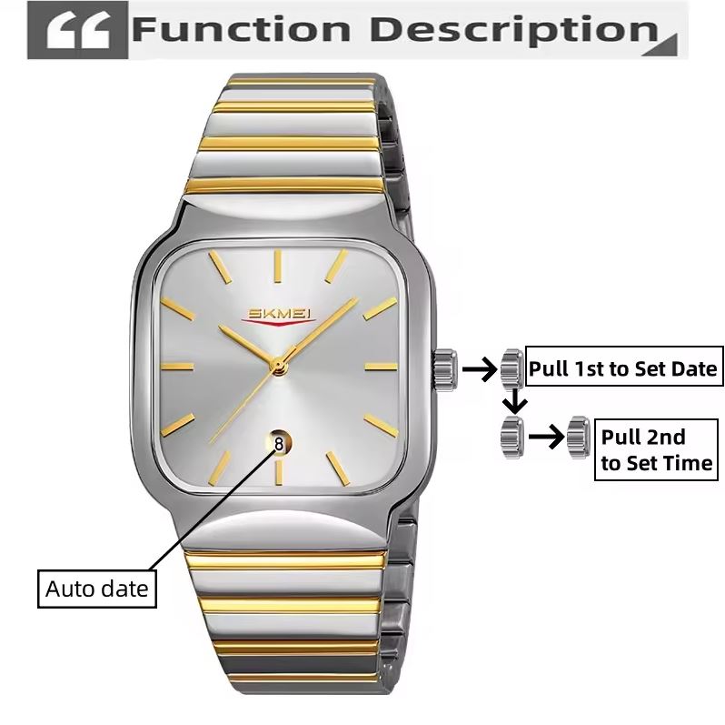 Silver and gold watch with instructional text on a white background